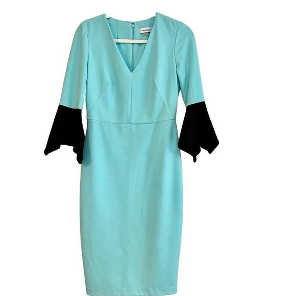 Calvin Klein Color Block Bell Sleeve V-neck Dress Size 4 - Picture 1 of 13